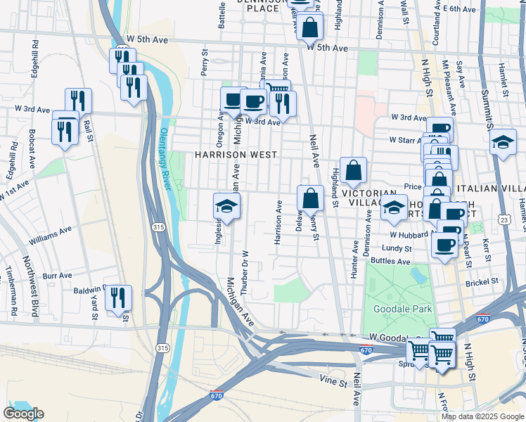 map of restaurants, bars, coffee shops, grocery stores, and more near 888 Thurber Drive West in Columbus