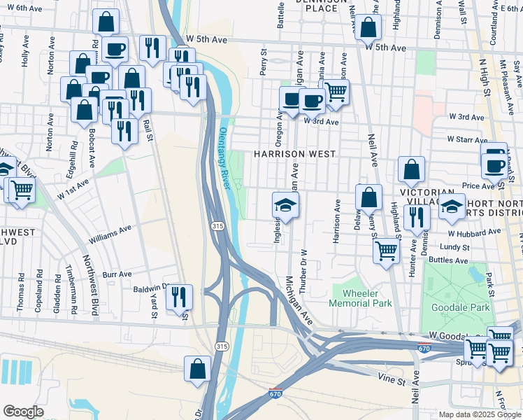 map of restaurants, bars, coffee shops, grocery stores, and more near 304 Perry Street in Columbus