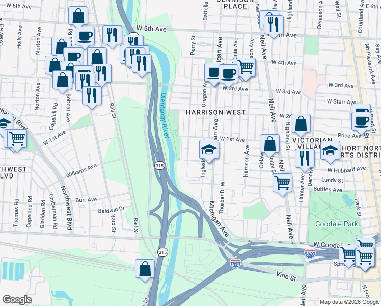 map of restaurants, bars, coffee shops, grocery stores, and more near 304 Perry Street in Columbus