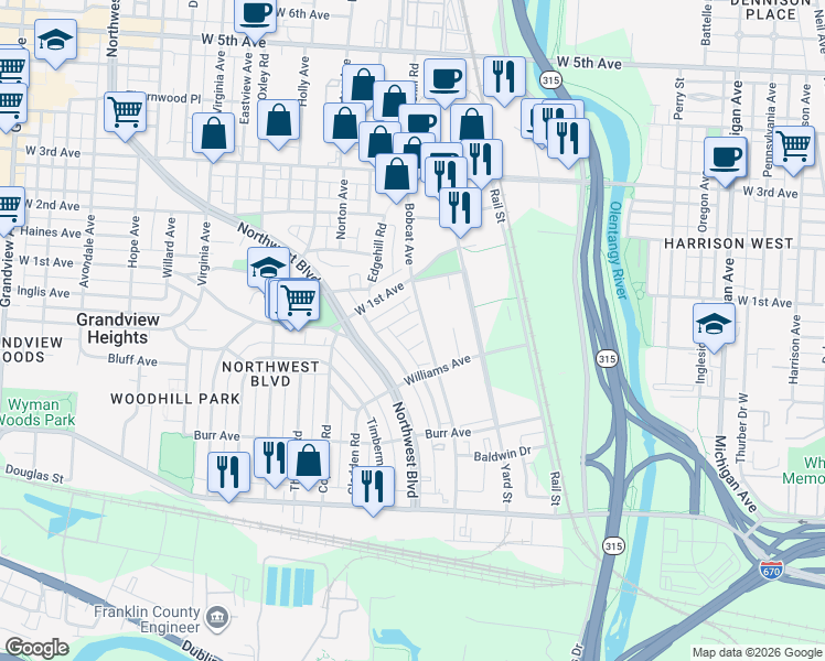 map of restaurants, bars, coffee shops, grocery stores, and more near 980 Pullman Place in Grandview Heights