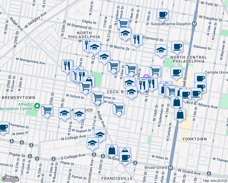 map of restaurants, bars, coffee shops, grocery stores, and more near 2007 Nicholas Street in Philadelphia