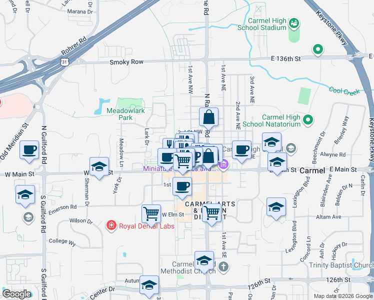 map of restaurants, bars, coffee shops, grocery stores, and more near 110 1st Avenue Northwest in Carmel