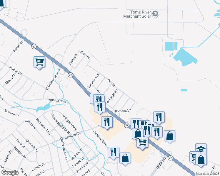 map of restaurants, bars, coffee shops, grocery stores, and more near 23 West Ridge Road in Toms River