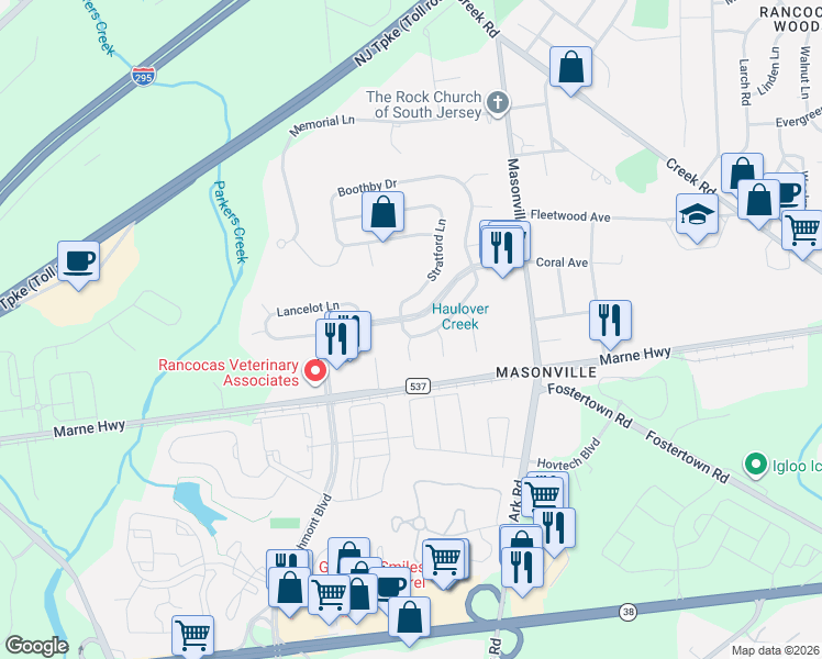 map of restaurants, bars, coffee shops, grocery stores, and more near 1 Devonshire Road in Mount Laurel Township