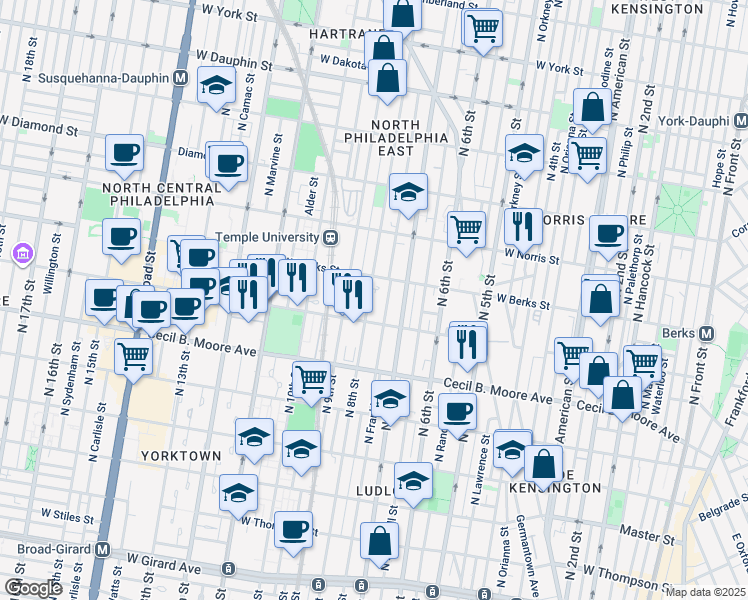 map of restaurants, bars, coffee shops, grocery stores, and more near 1829 North 8th Street in Philadelphia