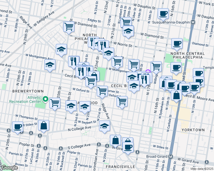map of restaurants, bars, coffee shops, grocery stores, and more near 2033 Nicholas Street in Philadelphia