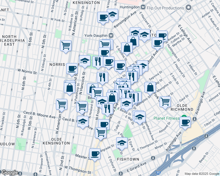 map of restaurants, bars, coffee shops, grocery stores, and more near 2137 East Norris Street in Philadelphia