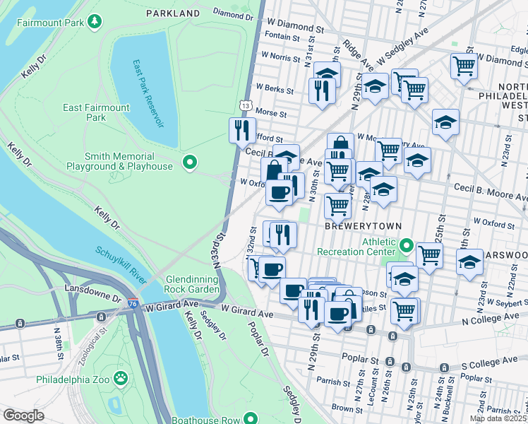map of restaurants, bars, coffee shops, grocery stores, and more near 3145 West Jefferson Street in Philadelphia