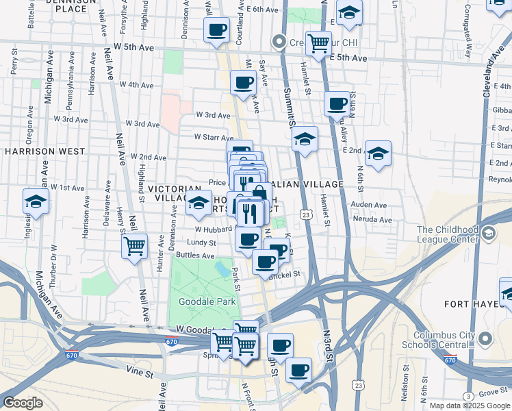 map of restaurants, bars, coffee shops, grocery stores, and more near in Columbus
