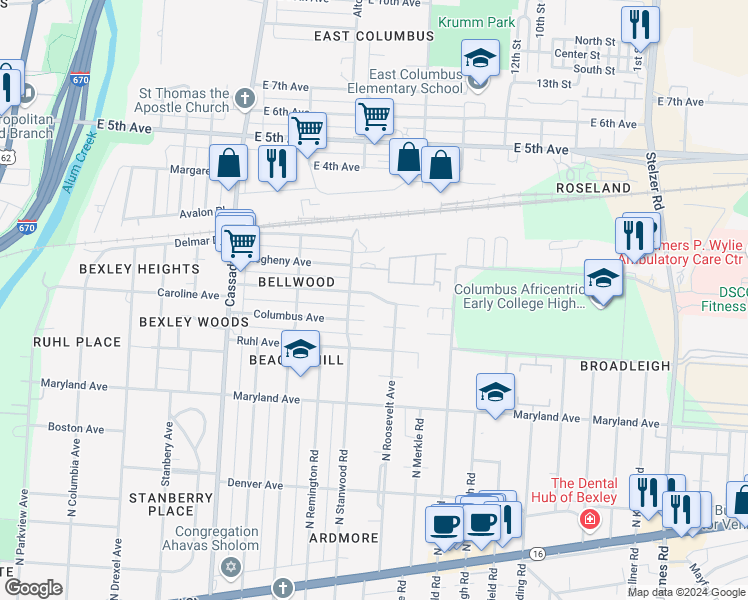 map of restaurants, bars, coffee shops, grocery stores, and more near 2871 Bellwood Avenue in Columbus