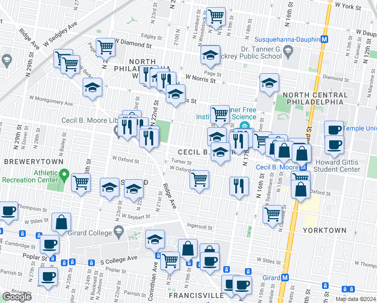 map of restaurants, bars, coffee shops, grocery stores, and more near 1630 North 20th Street in Philadelphia