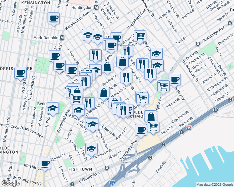 map of restaurants, bars, coffee shops, grocery stores, and more near Memphis St & E Hagert St in Philadelphia