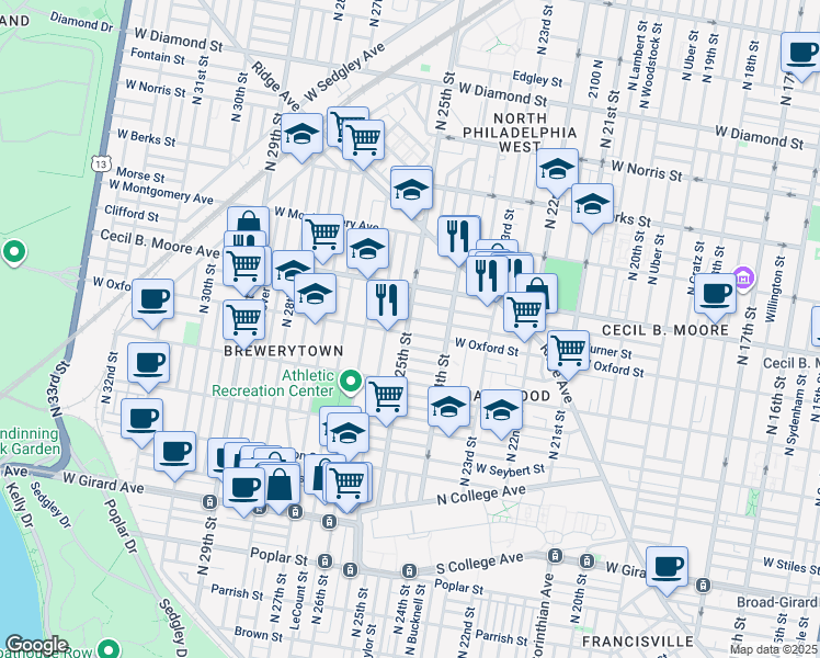 map of restaurants, bars, coffee shops, grocery stores, and more near 2449 West Oxford Street in Philadelphia