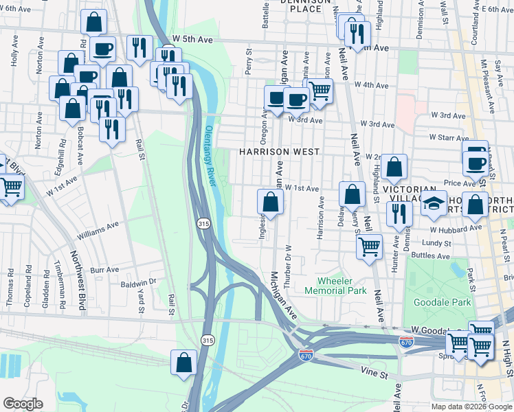 map of restaurants, bars, coffee shops, grocery stores, and more near 304 Perry Street in Columbus