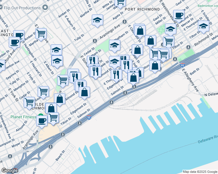 map of restaurants, bars, coffee shops, grocery stores, and more near 2820 Edgemont Street in Philadelphia