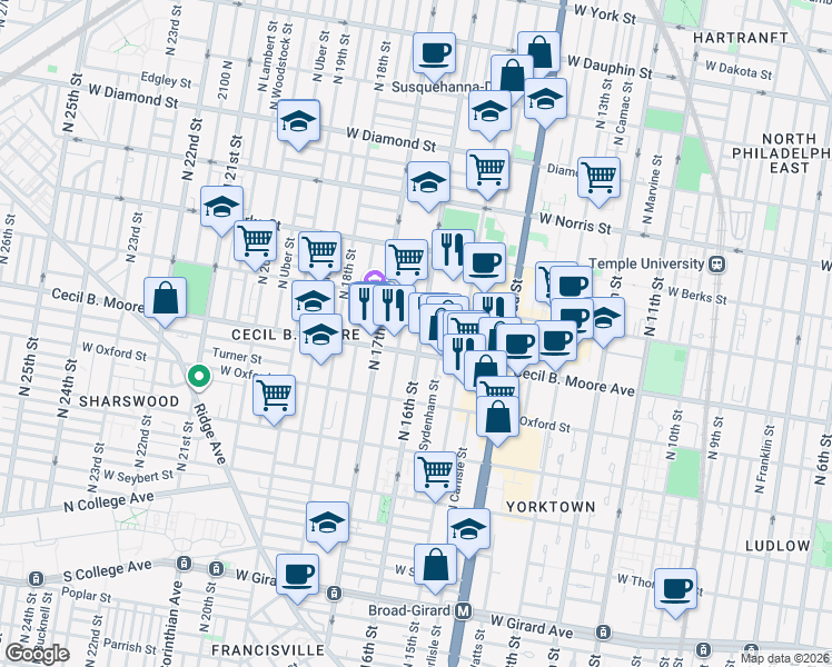 map of restaurants, bars, coffee shops, grocery stores, and more near 1710 North 16th Street in Philadelphia