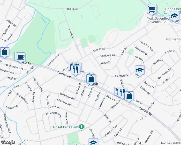 map of restaurants, bars, coffee shops, grocery stores, and more near 2215 Middle Street in Shiloh