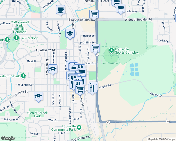 map of restaurants, bars, coffee shops, grocery stores, and more near 1181 South Street in Louisville