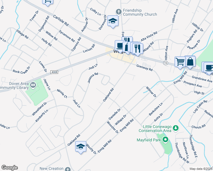 map of restaurants, bars, coffee shops, grocery stores, and more near 2572 Abby Lane in Dover