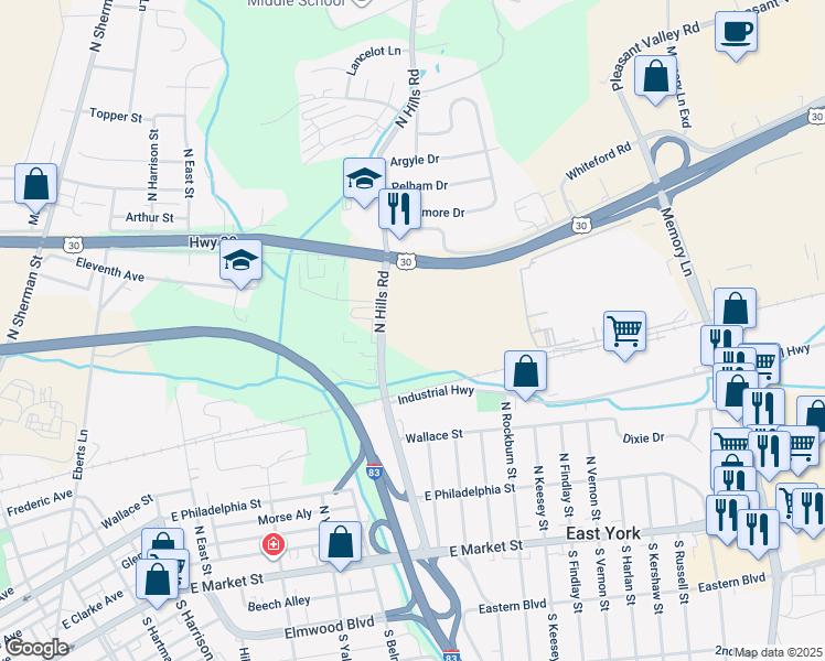 map of restaurants, bars, coffee shops, grocery stores, and more near 693 North Hills Road in York
