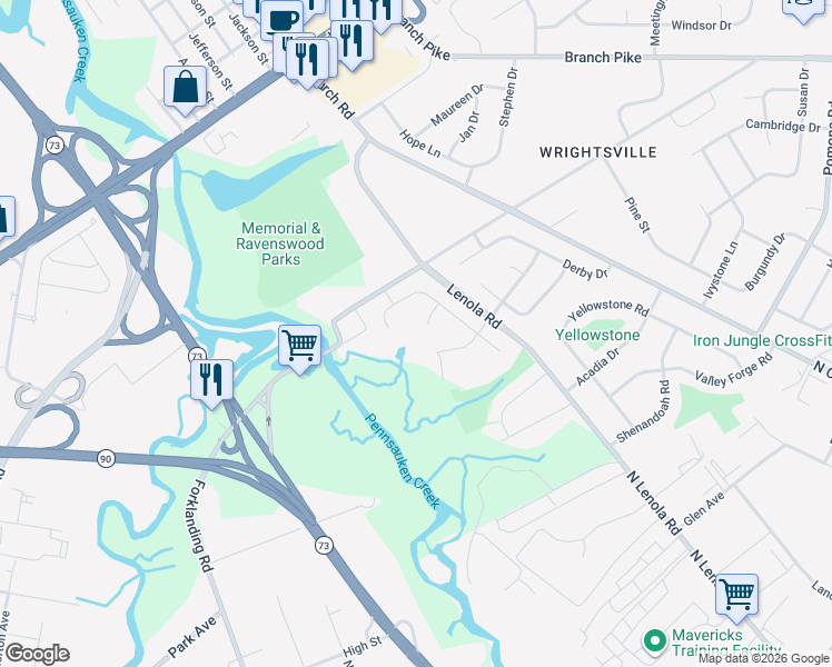 map of restaurants, bars, coffee shops, grocery stores, and more near 2001 Berwick Drive in Cinnaminson