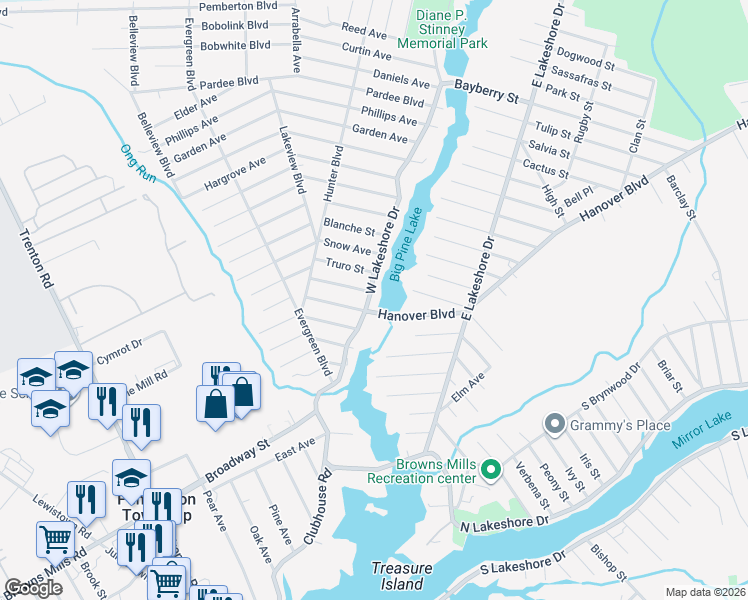 map of restaurants, bars, coffee shops, grocery stores, and more near 402 West Lakeshore Drive in Pemberton Township
