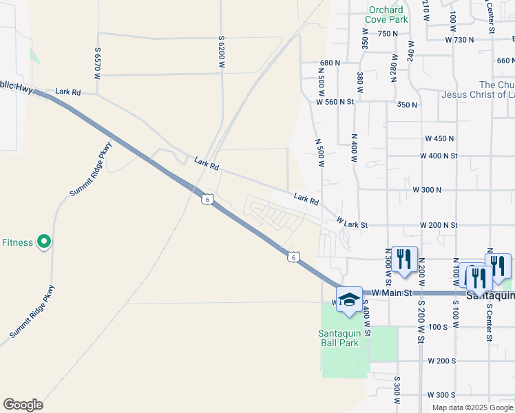 map of restaurants, bars, coffee shops, grocery stores, and more near 689 Empress Street in Santaquin