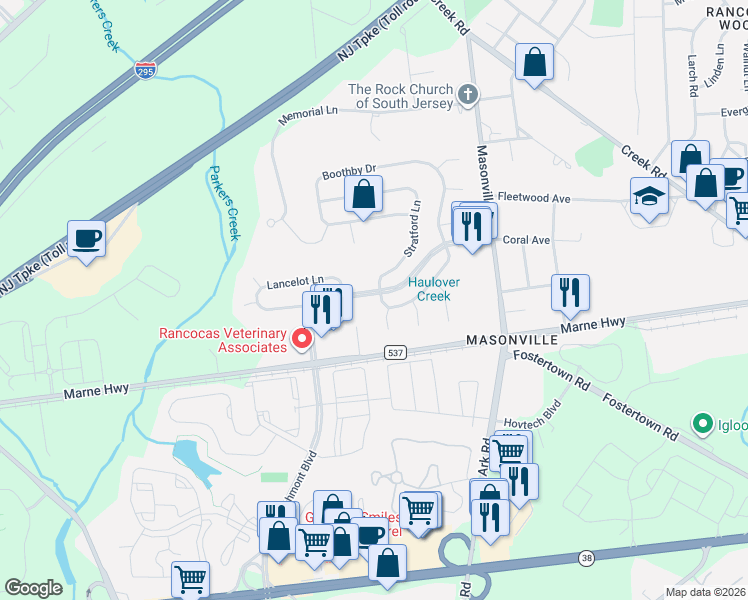 map of restaurants, bars, coffee shops, grocery stores, and more near 1 Devonshire Road in Mount Laurel Township