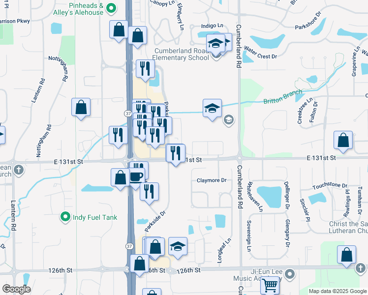 map of restaurants, bars, coffee shops, grocery stores, and more near 13133 Parkside Drive in Fishers