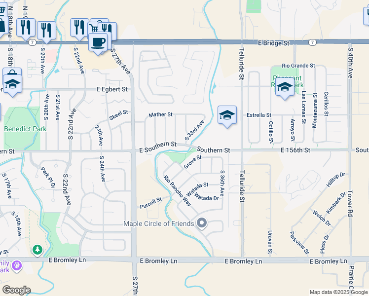 map of restaurants, bars, coffee shops, grocery stores, and more near 3192 East Southern Street in Brighton