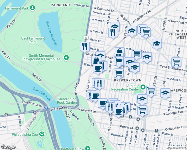map of restaurants, bars, coffee shops, grocery stores, and more near 3001 West Jefferson Street in Philadelphia