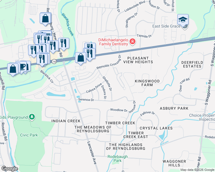 map of restaurants, bars, coffee shops, grocery stores, and more near 205 Shallotte Drive in Reynoldsburg