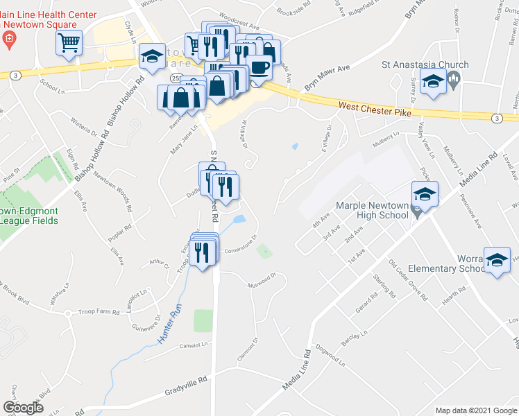 map of restaurants, bars, coffee shops, grocery stores, and more near 211 Cornerstone Drive in Delaware County