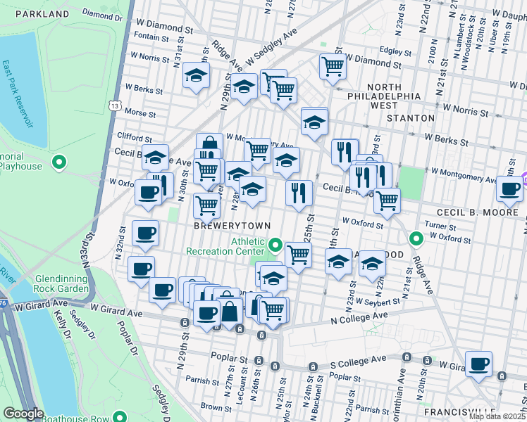 map of restaurants, bars, coffee shops, grocery stores, and more near 2632 West Oxford Street in Philadelphia