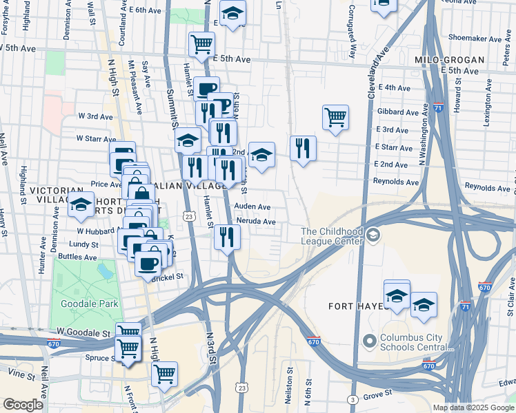 map of restaurants, bars, coffee shops, grocery stores, and more near 275 Auden Avenue in Columbus
