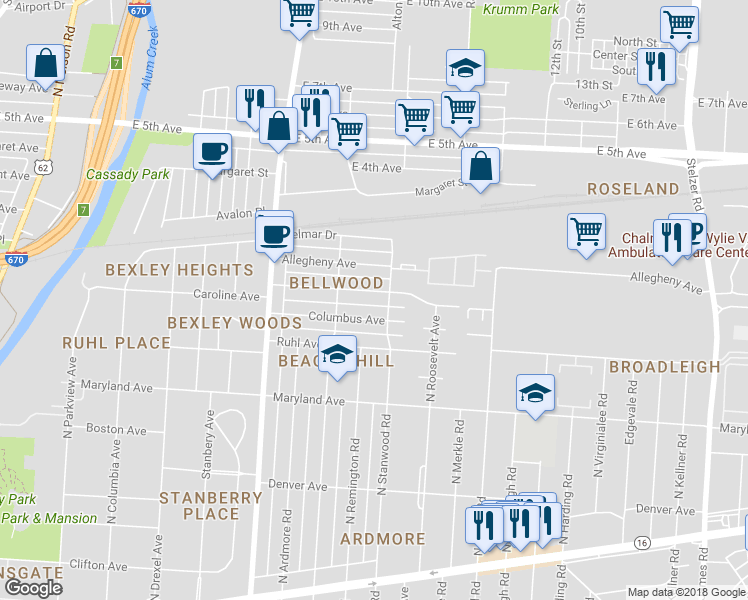 map of restaurants, bars, coffee shops, grocery stores, and more near 2809 Bellwood Avenue in Columbus