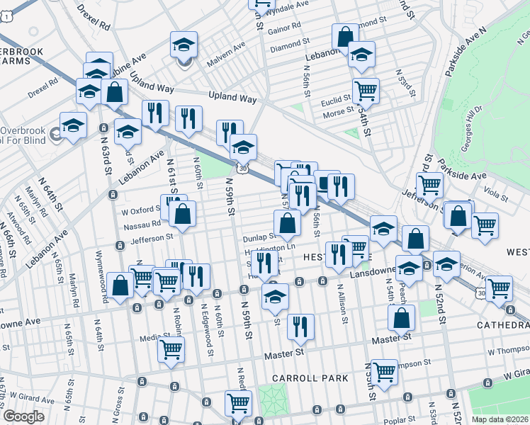 map of restaurants, bars, coffee shops, grocery stores, and more near 5736 Nassau Road in Philadelphia