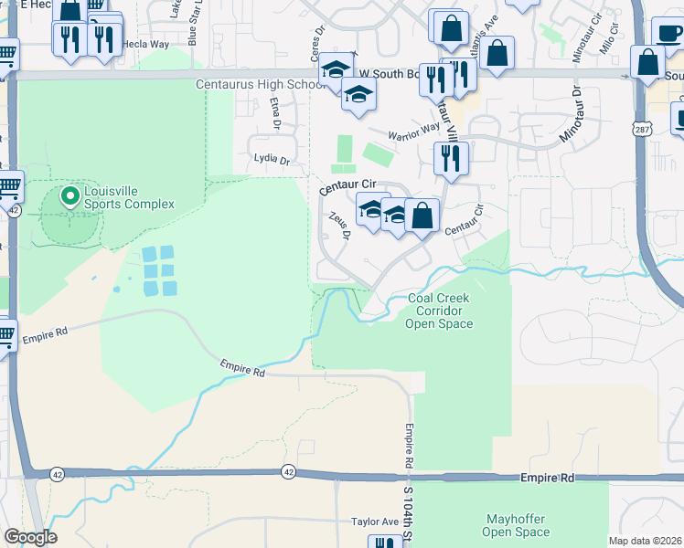 map of restaurants, bars, coffee shops, grocery stores, and more near 1662 Centaur Circle in Lafayette