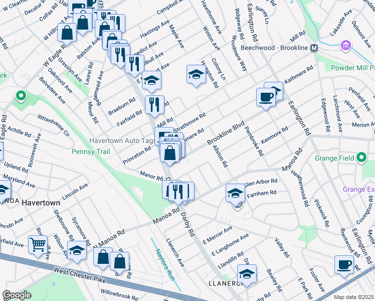 map of restaurants, bars, coffee shops, grocery stores, and more near 60 Brookline Boulevard in Havertown