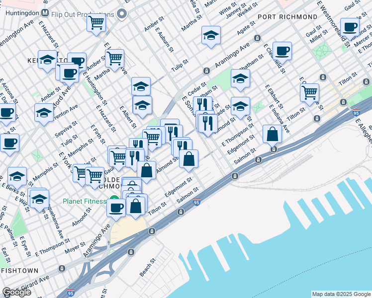 map of restaurants, bars, coffee shops, grocery stores, and more near 2712 Almond Street in Philadelphia