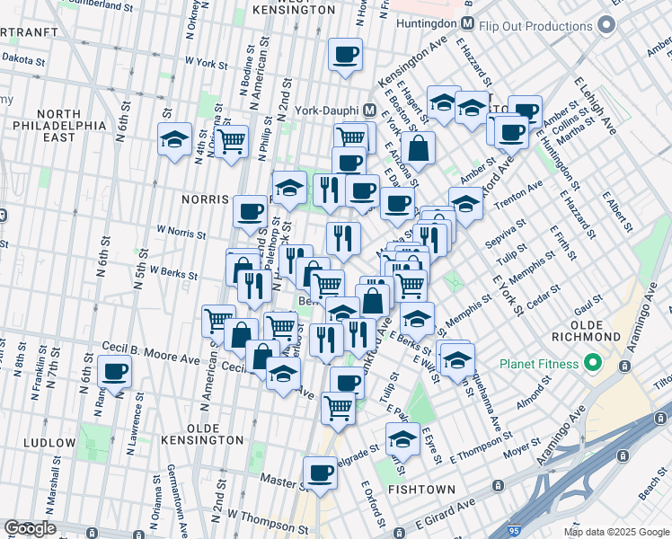 map of restaurants, bars, coffee shops, grocery stores, and more near 1942 North Front Street in Philadelphia