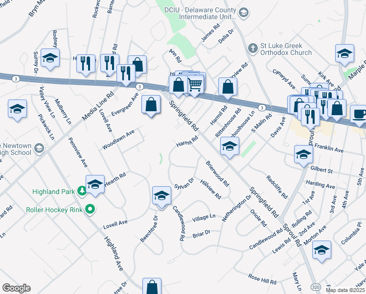 map of restaurants, bars, coffee shops, grocery stores, and more near 2752 Brierwood Road in Broomall