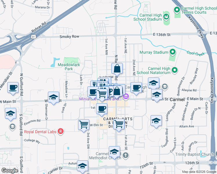 map of restaurants, bars, coffee shops, grocery stores, and more near 110 1st Avenue Northwest in Carmel