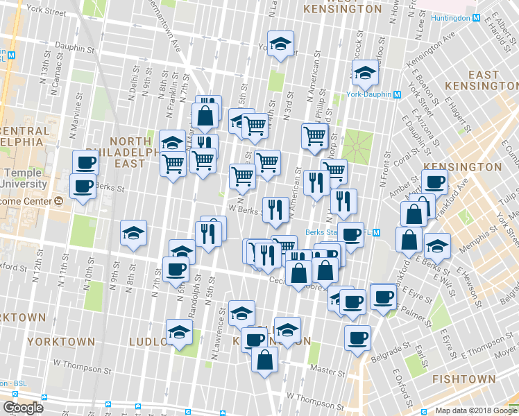 map of restaurants, bars, coffee shops, grocery stores, and more near 317 West Berks Street in Philadelphia