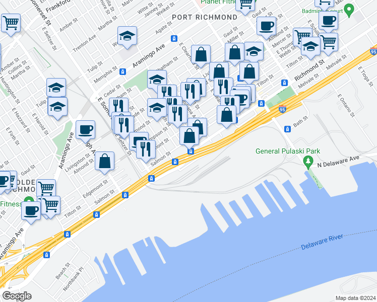 map of restaurants, bars, coffee shops, grocery stores, and more near 2942 Richmond Street in Philadelphia