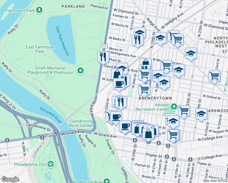 map of restaurants, bars, coffee shops, grocery stores, and more near 3001 West Jefferson Street in Philadelphia