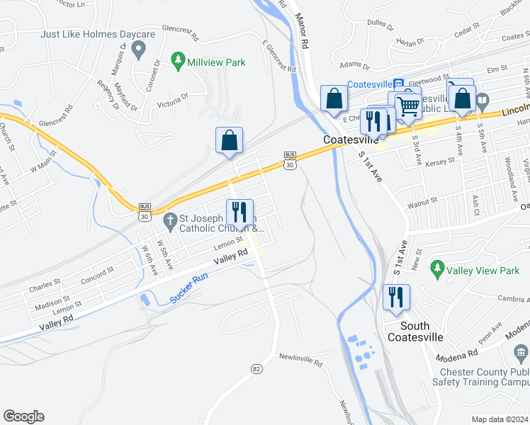 map of restaurants, bars, coffee shops, grocery stores, and more near 219 Madison Street in Coatesville