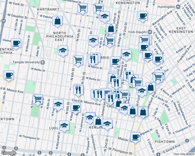 map of restaurants, bars, coffee shops, grocery stores, and more near 313 West Berks Street in Philadelphia