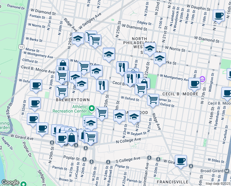 map of restaurants, bars, coffee shops, grocery stores, and more near 2416 Turner Street in Philadelphia