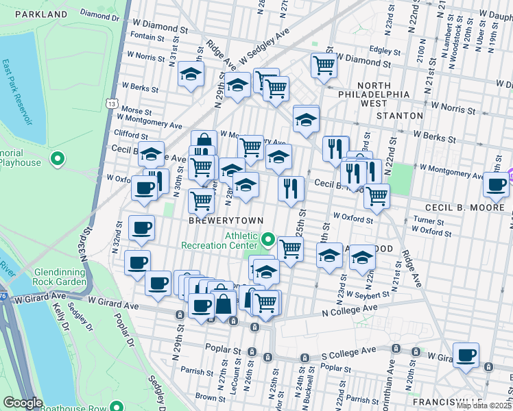 map of restaurants, bars, coffee shops, grocery stores, and more near 2632 West Oxford Street in Philadelphia